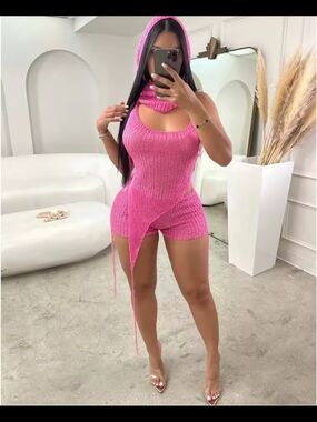 Hot Pink Knit Hooded Mini Romper